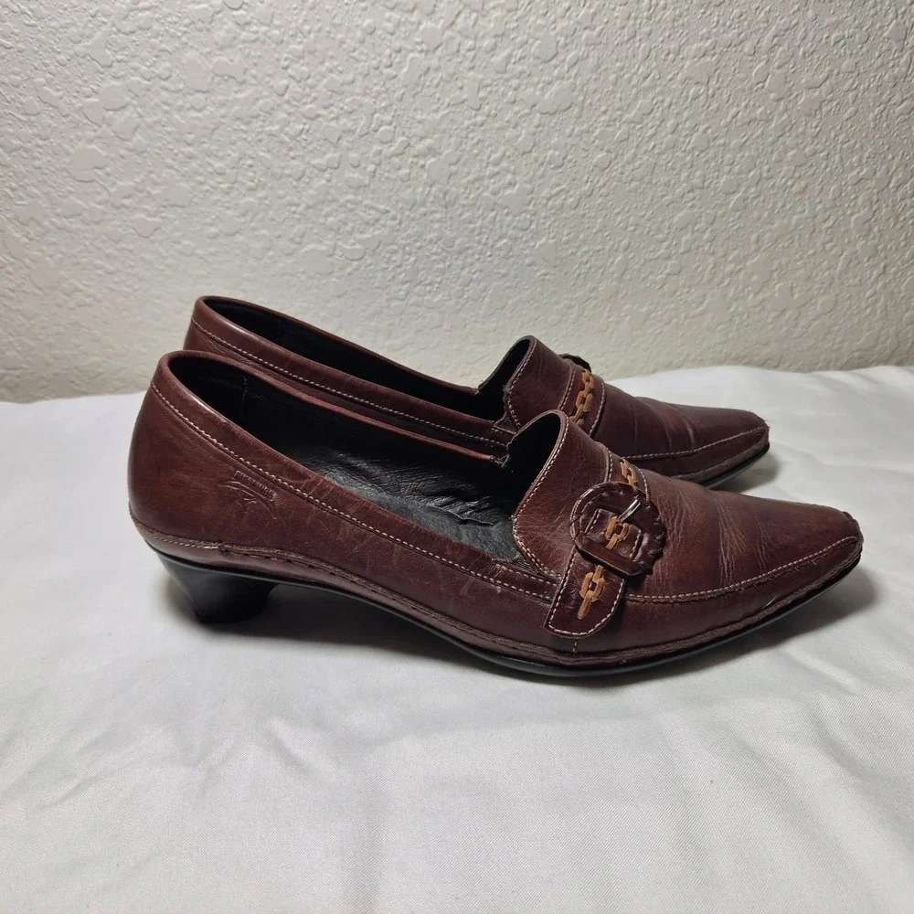 Pikolinos Brown Leather Buckle Woven Strap Kitten Heel Loafers Size 40
